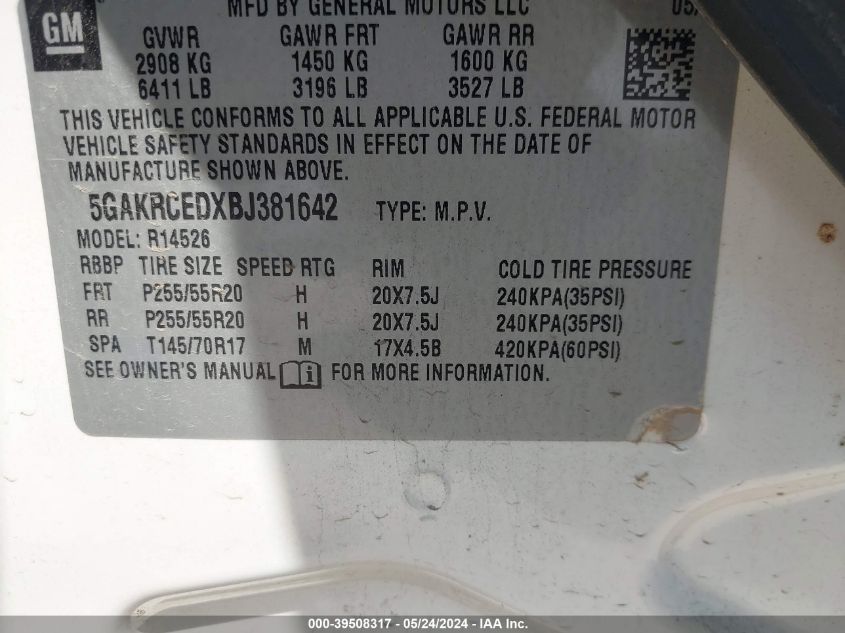 2011 Buick Enclave 2Xl VIN: 5GAKRCEDXBJ381642 Lot: 39508317