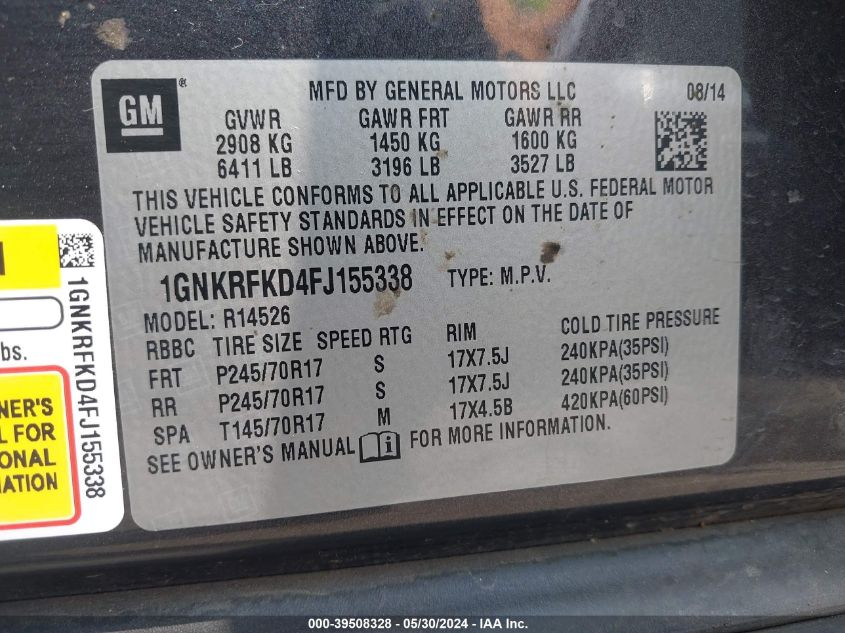 2015 Chevrolet Traverse Ls VIN: 1GNKRFKD4FJ155338 Lot: 39508328