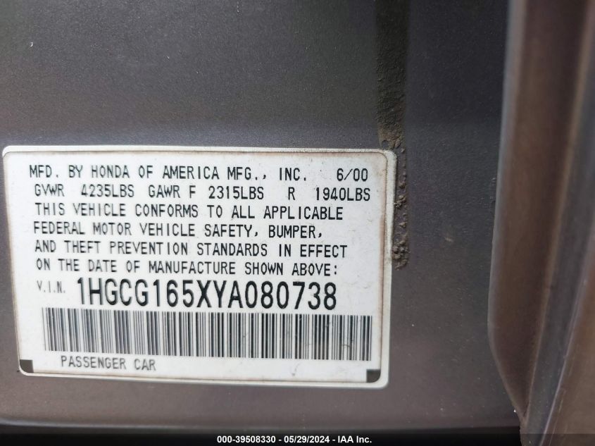 2000 Honda Accord 3.0 Ex VIN: 1HGCG165XYA080738 Lot: 39508330