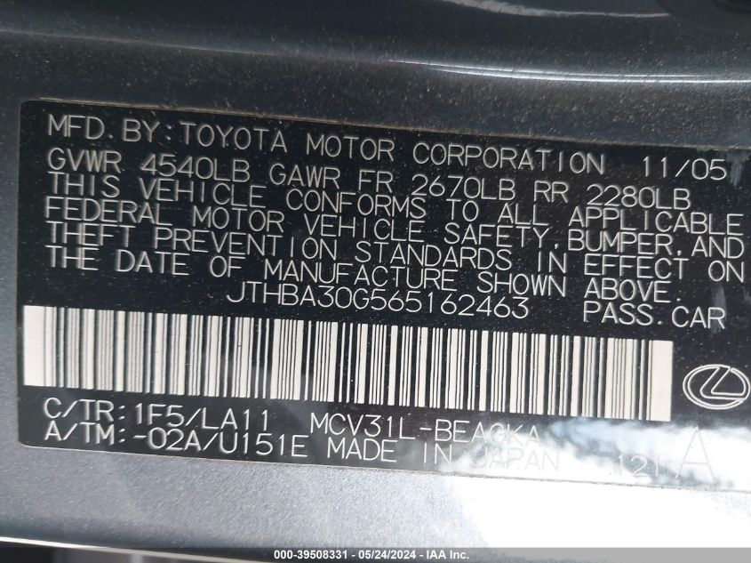 2006 Lexus Es 330 VIN: JTHBA30G565162463 Lot: 39508331