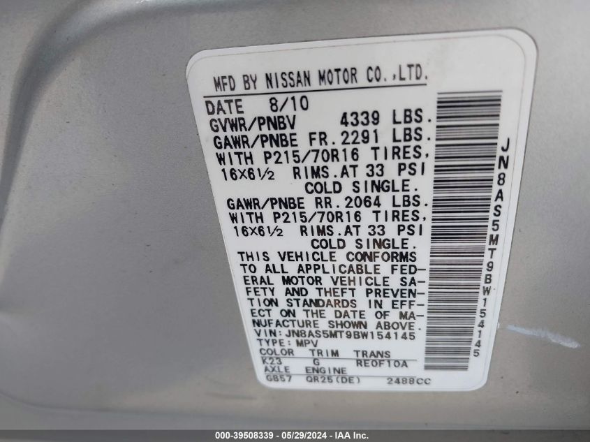 2011 Nissan Rogue S VIN: JN8AS5MT9BW154145 Lot: 39508339