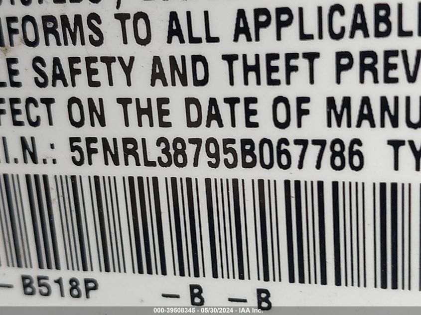 2005 Honda Odyssey Ex-L VIN: 5FNRL38795B067786 Lot: 39508345