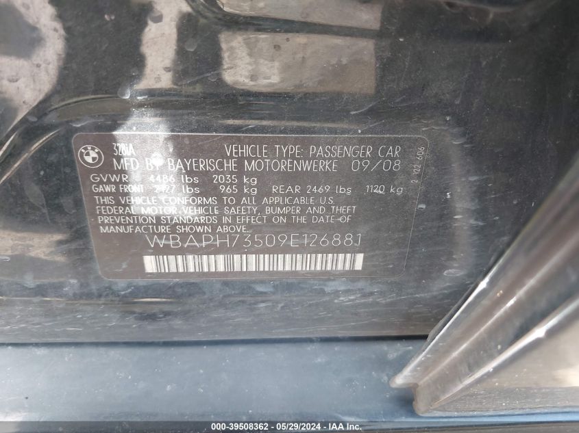 2009 BMW 328I VIN: WBAPH73509E126881 Lot: 39508362