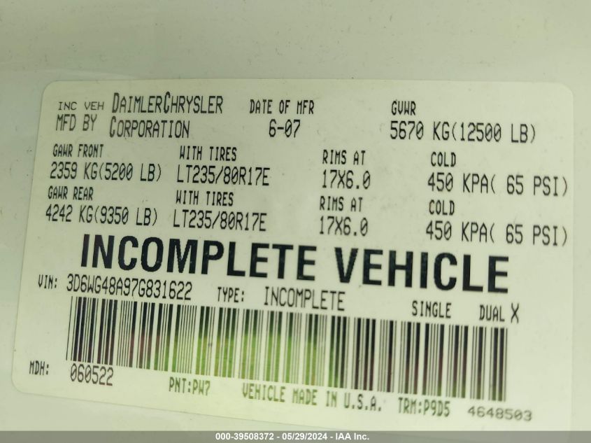 2007 Dodge Ram 3500 Hd Chassis St/Slt/Laramie VIN: 3D6WG48A97G831622 Lot: 39508372