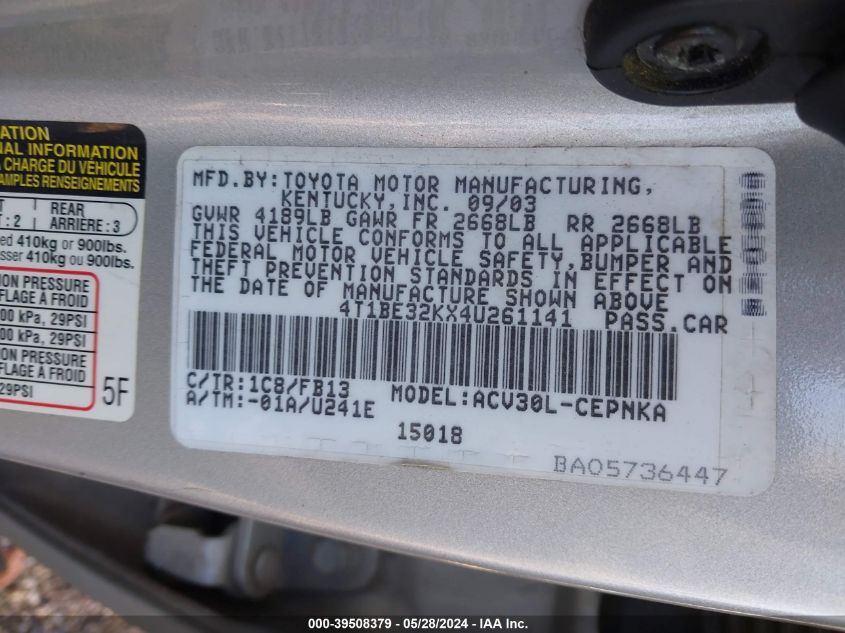 4T1BE32KX4U261141 2004 Toyota Camry Le