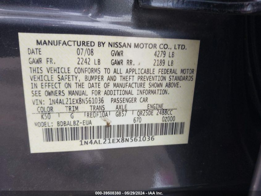 2008 Nissan Altima 2.5 S VIN: 1N4AL21EX8N561036 Lot: 39508380