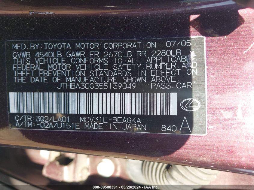 2005 Lexus Es 330 VIN: JTHBA30G355139049 Lot: 39508391