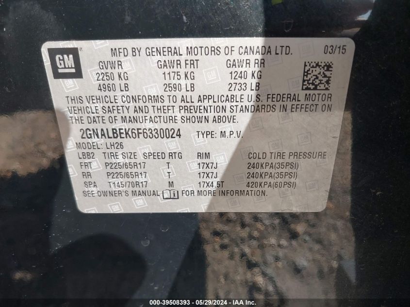 2015 Chevrolet Equinox 1Lt VIN: 2GNALBEK6F6330024 Lot: 39508393