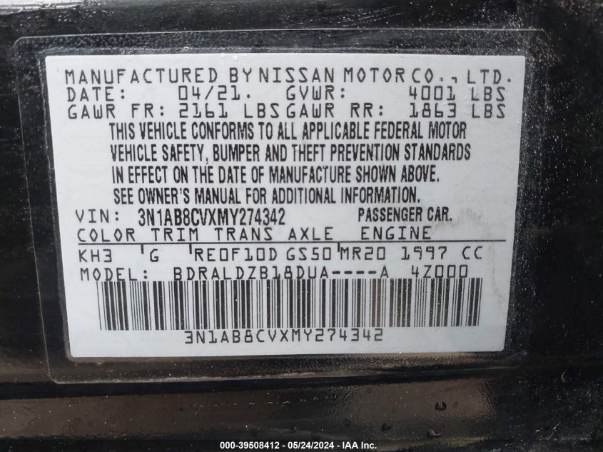 2021 Nissan Sentra Sv Xtronic Cvt VIN: 3N1AB8CVXMY274342 Lot: 39508412