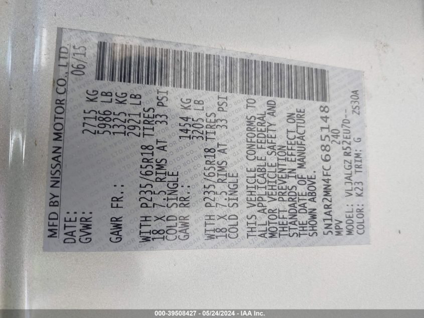 2015 Nissan Pathfinder Sl VIN: 5N1AR2MN4FC685148 Lot: 39508427