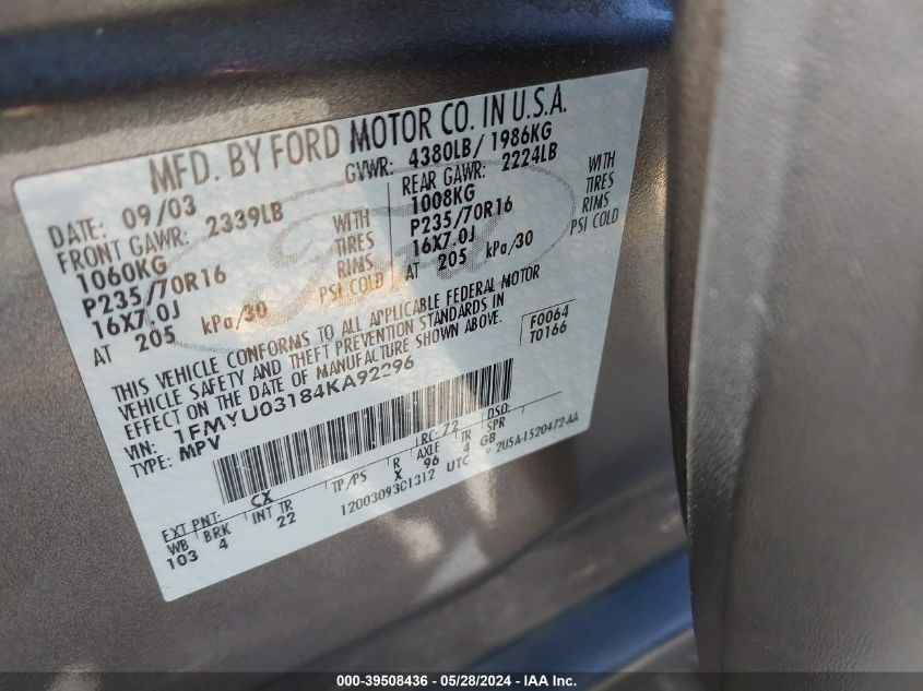 2004 Ford Escape Xlt VIN: 1FMYU03184KA92296 Lot: 39508436