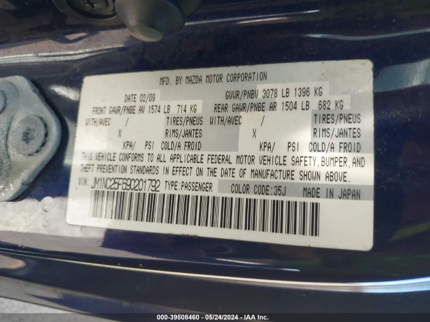 2009 Mazda Mx-5 Miata Grand Touring VIN: JM1NC25F690201792 Lot: 39508460