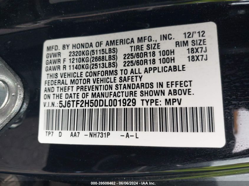 2013 Honda Crosstour Ex-L V6 VIN: 5J6TF2H50DL001929 Lot: 39508462