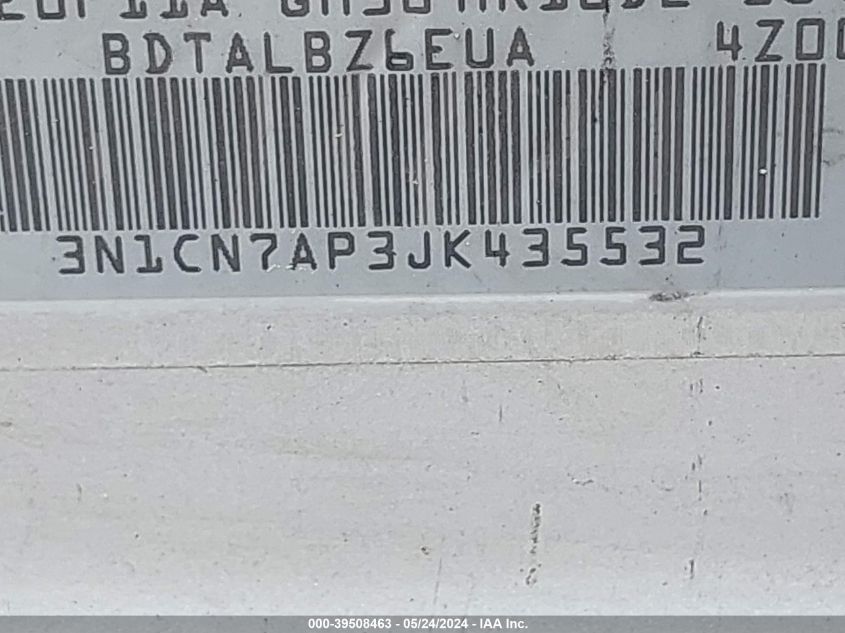 2018 Nissan Versa 1.6 Sv VIN: 3N1CN7AP3JK435532 Lot: 39508463