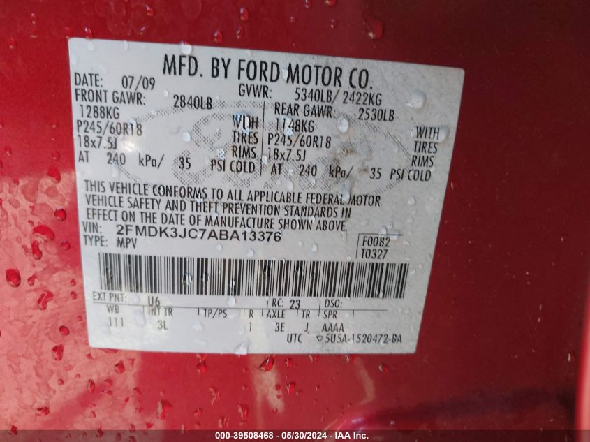 2010 Ford Edge Sel VIN: 2FMDK3JC7ABA13376 Lot: 39508468