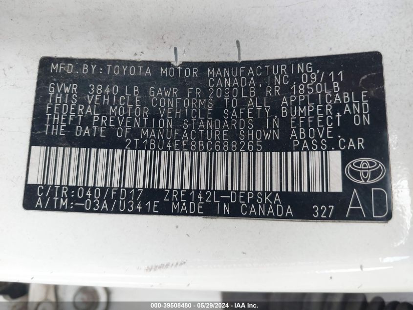 2011 Toyota Corolla S VIN: 2T1BU4EE8BC688265 Lot: 39508480