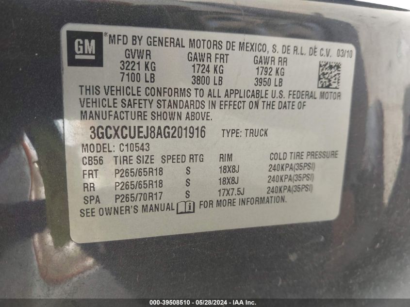 2010 Chevrolet Silverado 1500 Hybrid 1Hy VIN: 3GCXCUEJ8AG201916 Lot: 39508510