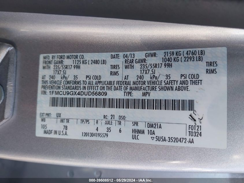 2013 Ford Escape Se VIN: 1FMCU9GX4DUD56809 Lot: 39508512