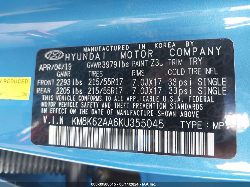 2019 Hyundai Kona Sel VIN: KM8K62AA6KU355045 Lot: 39508515