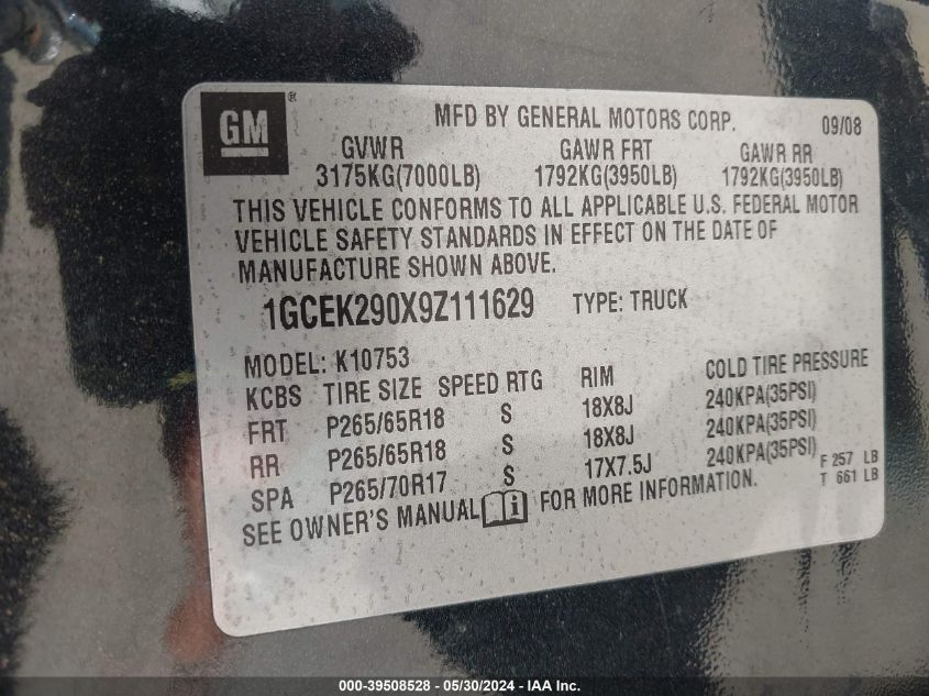 2009 Chevrolet Silverado 1500 Lt VIN: 1GCEK290X9Z111629 Lot: 39508528