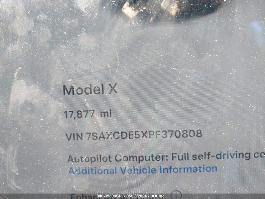 2023 Tesla Model X Dual Motor All-Wheel Drive/Standard Range VIN: 7SAXCDE5XPF370808 Lot: 39508541