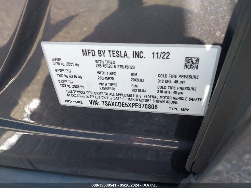 2023 Tesla Model X Dual Motor All-Wheel Drive/Standard Range VIN: 7SAXCDE5XPF370808 Lot: 39508541