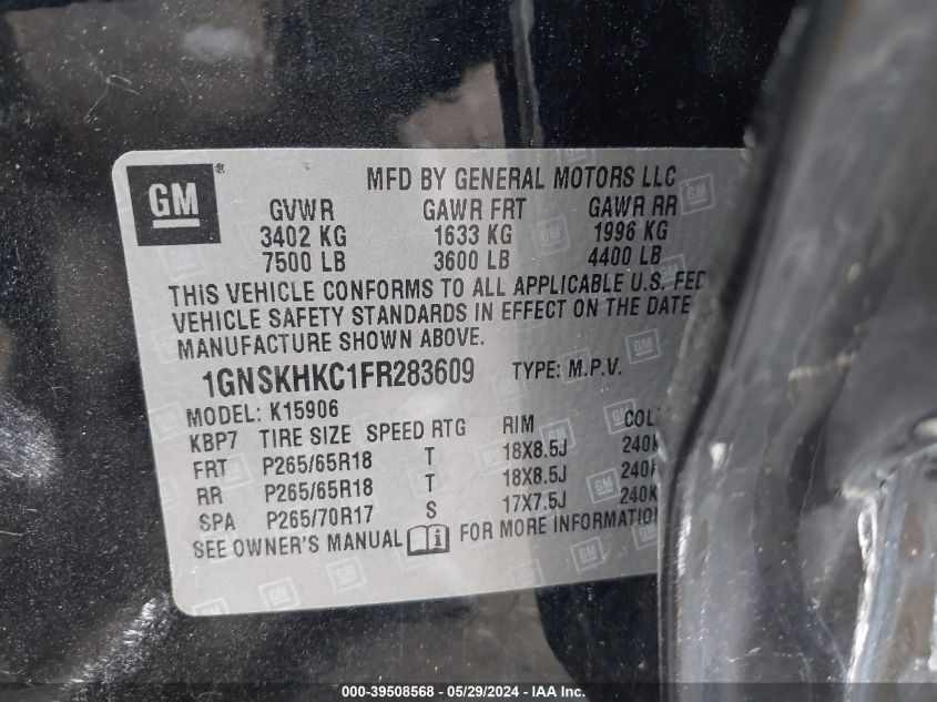 2015 Chevrolet Suburban K1500 Ls VIN: 1GNSKHKC1FR283609 Lot: 39508568