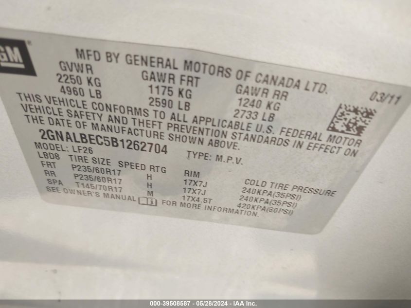 2011 Chevrolet Equinox Ls VIN: 2GNALBEC5B1262704 Lot: 39508587