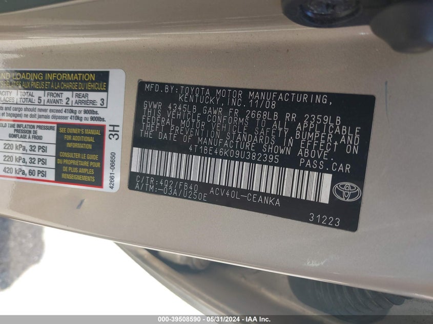 2009 Toyota Camry Se/Le/Xle VIN: 4T1BE46K09U382395 Lot: 39508590