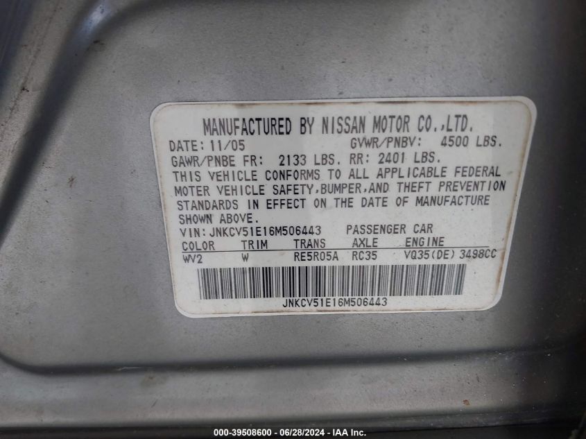 2006 Infiniti G35 VIN: JNKCV51E16M506443 Lot: 39508600