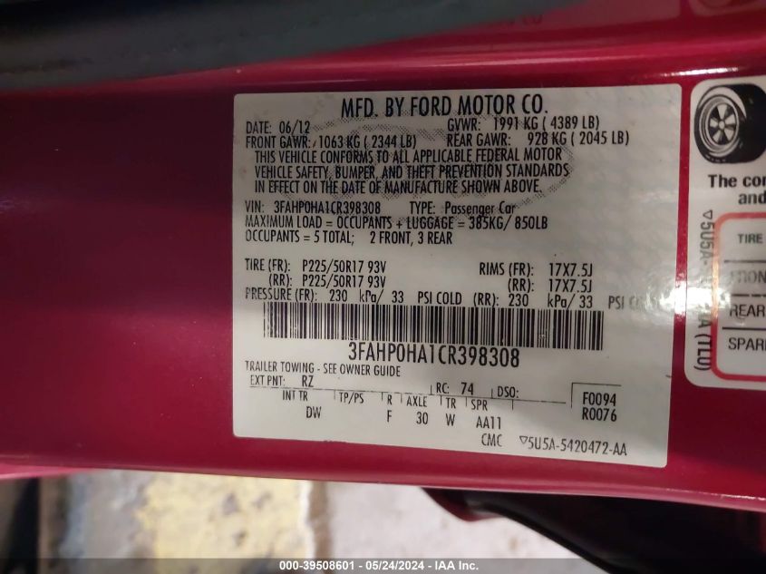 2012 Ford Fusion Se VIN: 3FAHP0HA1CR398308 Lot: 39508601