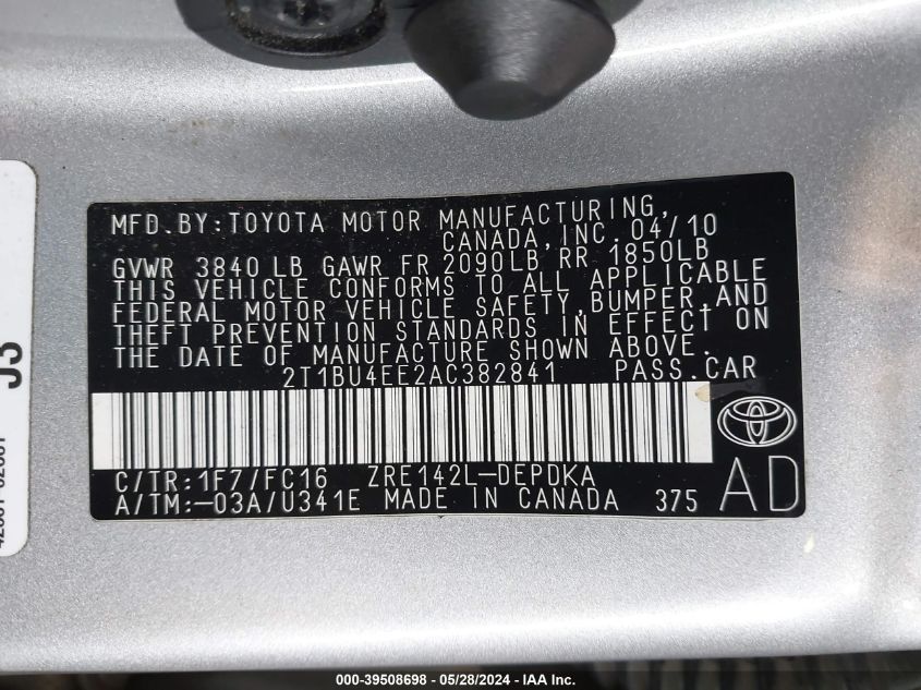 2010 Toyota Corolla Le VIN: 2T1BU4EE2AC382841 Lot: 39508698