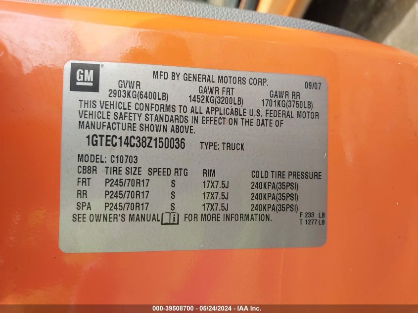 1GTEC14C38Z150036 | 2008 GMC SIERRA 1500