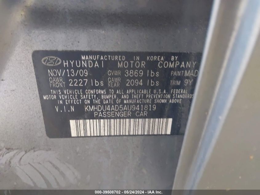 2010 Hyundai Elantra Gls VIN: KMHDU4AD5AU941819 Lot: 39508702