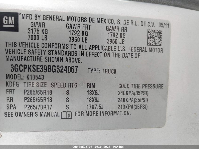 2011 Chevrolet Silverado 1500 Lt VIN: 3GCPKSE39BG324067 Lot: 39508708