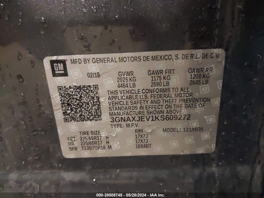 2019 Chevrolet Equinox Lt VIN: 3GNAXJEV1KS609272 Lot: 39508748