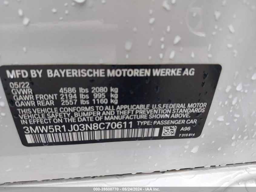 2022 BMW 330I VIN: 3MW5R1J03N8C70611 Lot: 39508770