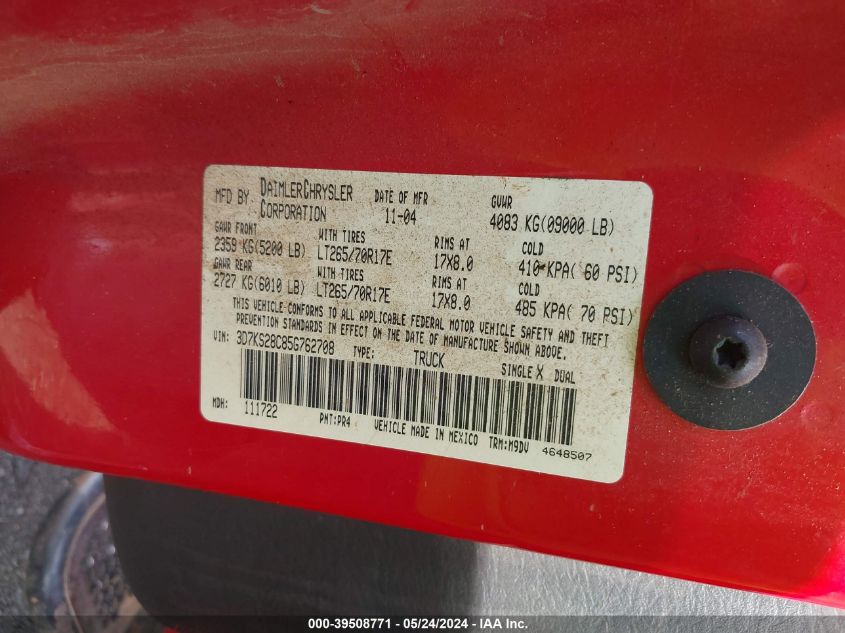 2005 Dodge Ram 2500 Slt/Laramie VIN: 3D7KS28C85G762708 Lot: 39508771