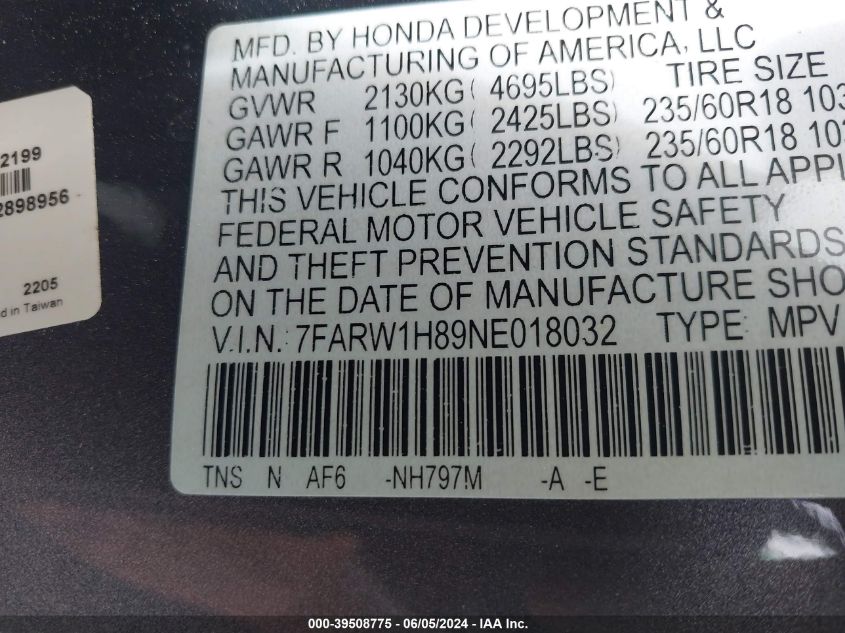 2022 Honda Cr-V 2Wd Ex-L VIN: 7FARW1H89NE018032 Lot: 39508775