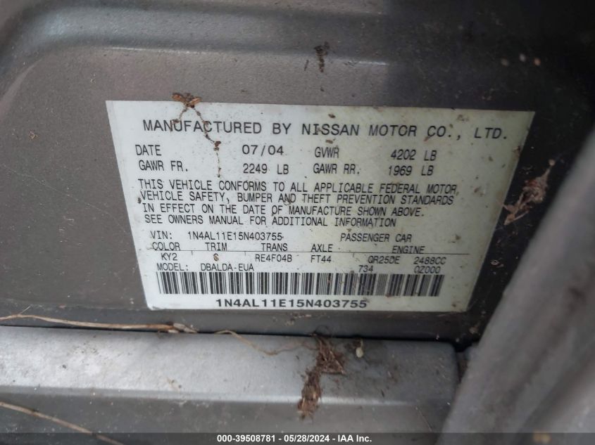 2005 Nissan Altima 2.5 S VIN: 1N4AL11E15N403755 Lot: 39508781