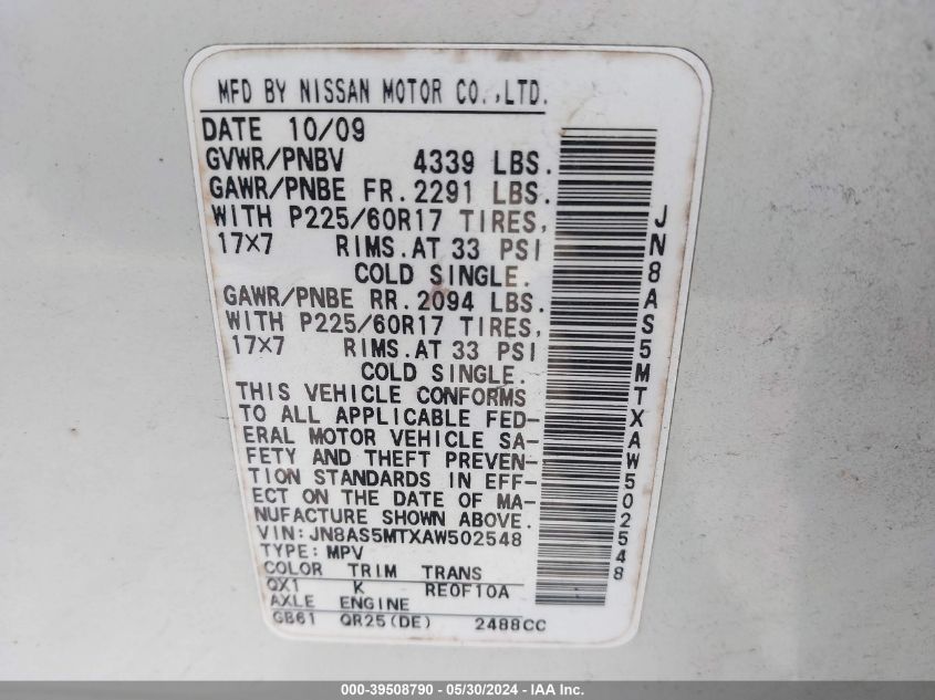 2010 Nissan Rogue Sl VIN: JN8AS5MTXAW502548 Lot: 39508790