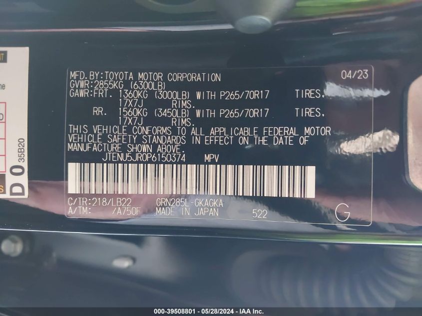 2023 Toyota 4Runner Se/Sr5/Sr5 Premium/Limite VIN: JTENU5JR0P6150374 Lot: 39508801