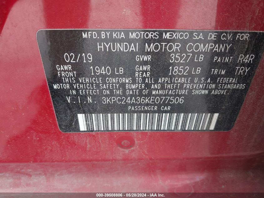 2019 Hyundai Accent Se VIN: 3KPC24A36KE077506 Lot: 39508806