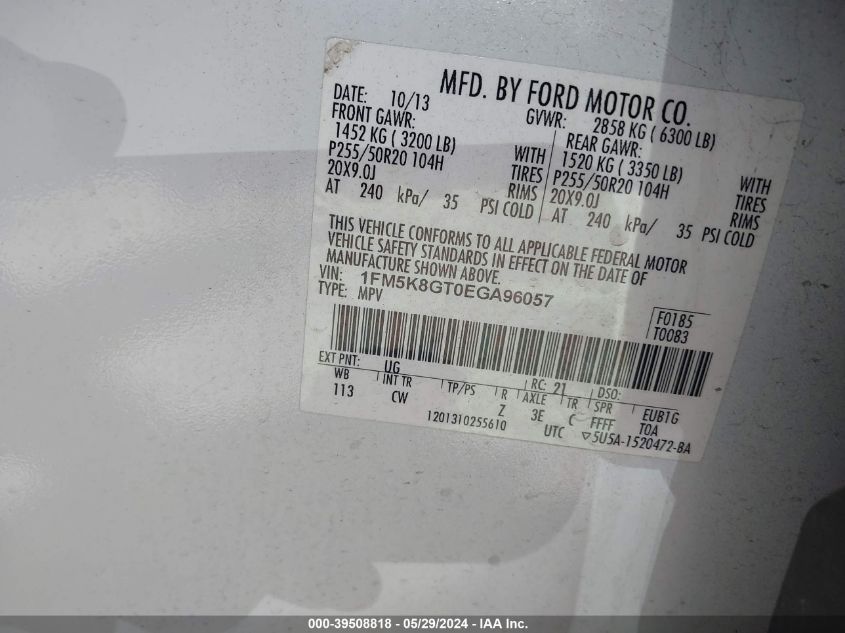 2014 Ford Explorer Sport VIN: 1FM5K8GT0EGA96057 Lot: 39508818