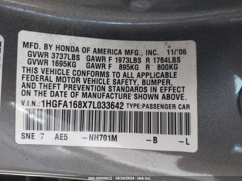2007 Honda Civic Ex VIN: 1HGFA168X7L033642 Lot: 39508822