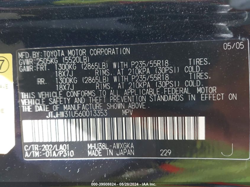 2006 Lexus Rx 400H VIN: JTJHW31U560013353 Lot: 39508824