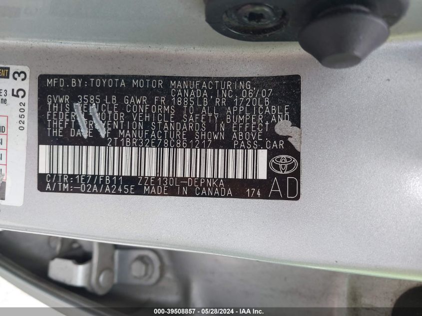 2008 Toyota Corolla Le VIN: 2T1BR32E78C861217 Lot: 39508857