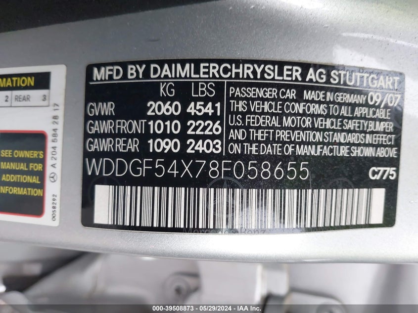 2008 Mercedes-Benz C 300 Luxury/Sport VIN: WDDGF54X78F058655 Lot: 39508873