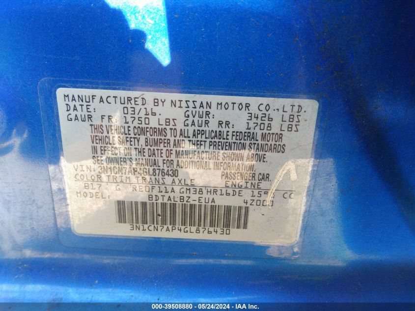 2016 Nissan Versa 1.6 S/1.6 S+/1.6 Sl/1.6 Sv VIN: 3N1CN7AP4GL876430 Lot: 39508880