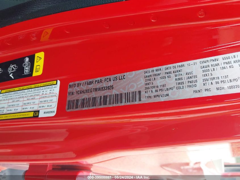 2021 Jeep Wrangler Unlimited Sahara VIN: 1C4HJXEG7MW833926 Lot: 39508887